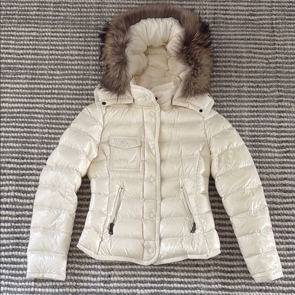 Moncler Women's Cream Puffer Jacket with Fur Trim. Size 1. worn only once.